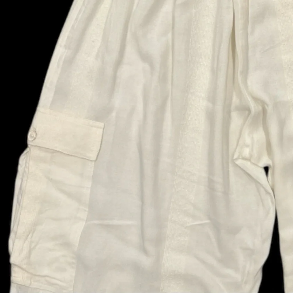 Cream Wide Leg Cargo Pants High Rise Elastic Waist Minimalist Lounge - Picture 5 of 6